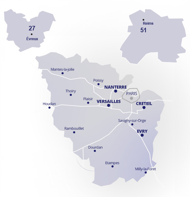 Carte des zones d’intervention AGELECT : Eure, Marne et région parisienne